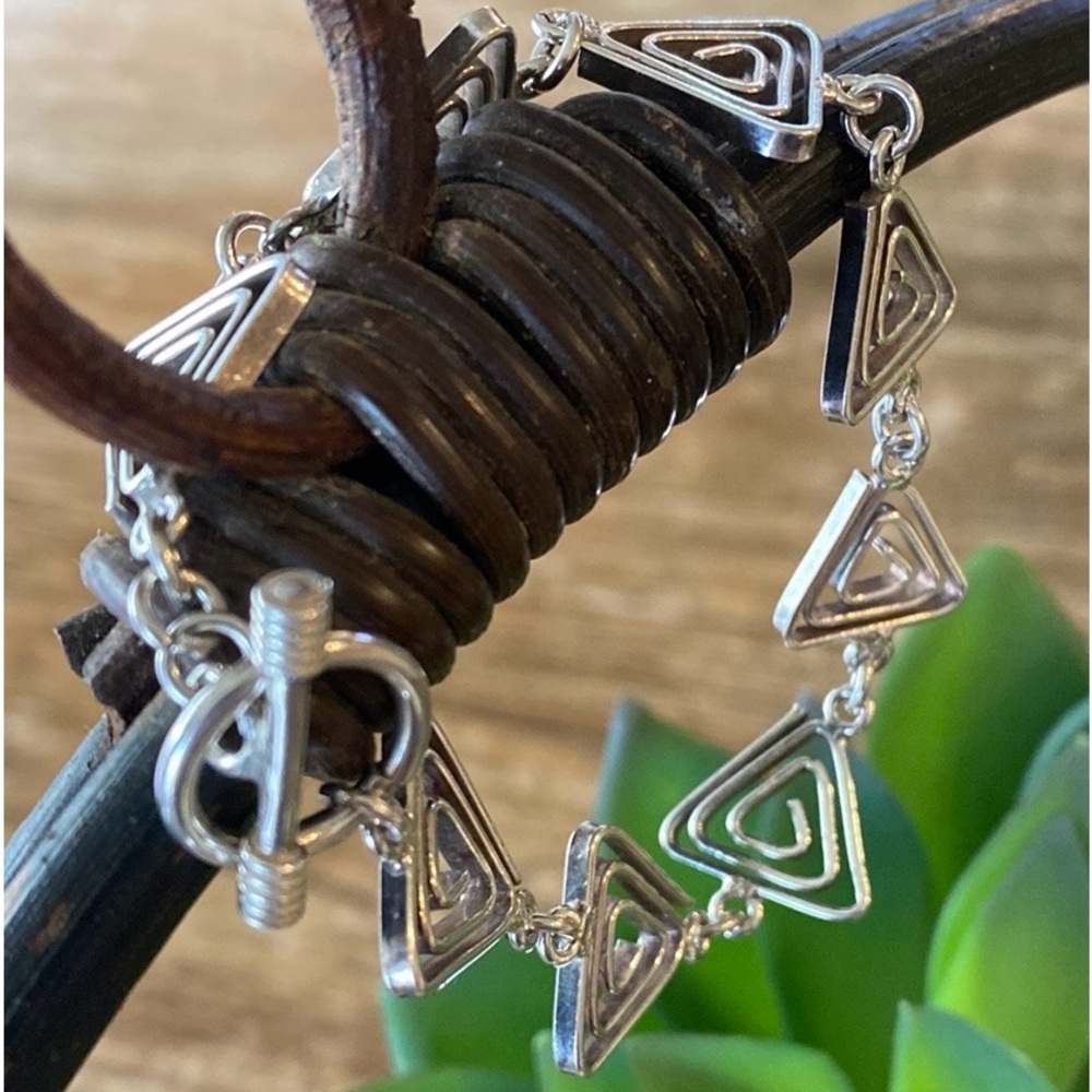 Vintage Mexican 925 Sterling Silver Geometric Spiral Triangle Link Bracelet 17g